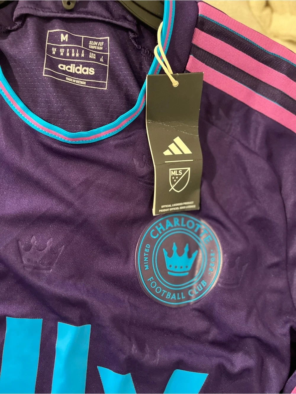 adidas Charlotte FC Purple Jersey with Pink Stripes and Blue Accents